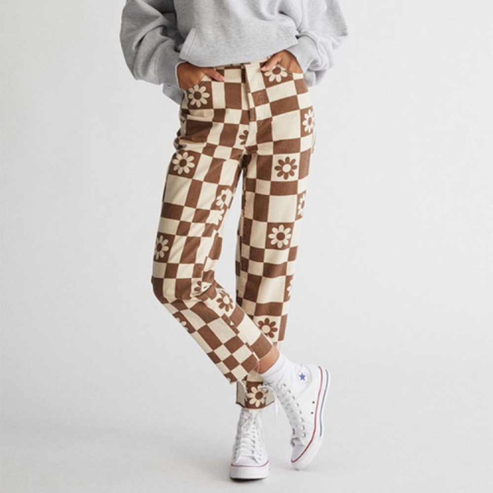 PacSun Eco Flower Checkerboard High Waisted Straight Leg Jeans